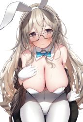 Rule 34 | 1girl, absurdres, akane (blue archive), akane (bunny) (blue archive), animal ears, bare shoulders, blue archive, bow, bowtie, breasts, brown eyes, cleavage, covered navel, detached collar, fake animal ears, glasses, gloves, hair between eyes, highres, large breasts, leotard, long hair, long sleeves, looking at viewer, nidaime (doronbo), pantyhose, parted lips, plaid, playboy bunny, rabbit ears, smile, solo, sweat, thigh gap, white background, white gloves, white leotard