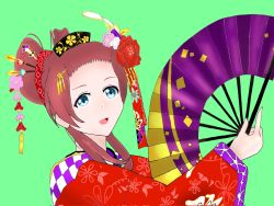 Rule 34 | 1girl, aion no uta (love live!), alternate hairstyle, aqua eyes, artist name, artist request, blue eyes, blush, bow, braid, breasts, brown hair, collarbone, crown braid, emma verde, female focus, floral print, flower, flower print, folding fan, freckles, green background, hair between eyes, hair flower, hair ornament, hair stick, hairband, hand fan, highres, holding, holding fan, japanese clothes, kimono, long hair, long sleeves, looking at viewer, love live!, love live! nijigasaki high school idol club, love live! school idol festival, love live! school idol festival all stars, low twintails, obi, parted lips, pink flower, polka dot, polka dot bow, polka dot hairband, purple flower, red flower, red hair, red kimono, sash, short kimono, smile, solo, twintails, upper body, white flower, wide sleeves