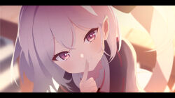Rule 34 | 1girl, absurdres, akiyuki nagi, blue archive, blush, close-up, finger to mouth, highres, looking at viewer, mutsuki (blue archive), pointy ears, purple eyes, side ponytail, smile, solo, white hair