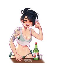 Rule 34 | 1girl, ;d, akali, arm tattoo, artist name, bikini, black hair, blush, blushyspicy, bottle, breasts, cleavage, collarbone, cowboy shot, cup, hand up, holding, holding cup, large breasts, league of legends, navel, one eye closed, open mouth, ponytail, shiny skin, short hair, side-tie bikini bottom, smile, solo, standing, stomach, swimsuit, tattoo, teeth, transparent background
