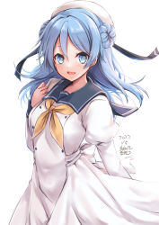Rule 34 | 1girl, absurdres, artist name, blue eyes, blue hair, blush, dated, dress, hair between eyes, hat, highres, juliet sleeves, kantai collection, long hair, long sleeves, mashiro yukiya, neckerchief, one-hour drawing challenge, open mouth, puffy sleeves, sailor dress, sailor hat, signature, simple background, smile, solo, urakaze (kancolle), white background, white dress, white hat, yellow neckerchief