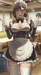 Rule 34 | 1girl, alternate costume, apron, black dress, black hair, blurry, blurry background, blush, breasts, chainsaw man, chair, cleavage, detached collar, double v, dress, drooling, enmaided, female focus, frilled apron, frills, hair between eyes, hair ornament, hairclip, hands up, higashiyama kobeni, highres, indoors, juliet sleeves, large breasts, long sleeves, looking at viewer, maid, maid headdress, medium hair, mole, mole under eye, nervous, open mouth, patreon logo, patreon username, petticoat, puffy sleeves, restaurant, saliva, shexyo, short ponytail, single sidelock, skindentation, solo, standing, sweat, teeth, thighhighs, thighs, upper teeth only, v, waist apron, waitress, watermark, wavy hair, web address, white apron, white thighhighs, zettai ryouiki