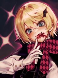 1boy absurdres alois_trancy androgynous bishounen black_cape black_vest blonde_hair blue_eyes blush bow bowtie cape commentary english_commentary fangs food_in_mouth highres kuroshitsuji looking_at_viewer male_focus outer_glow plaid_bow plaid_bowtie plaid_clothes purple_background red_bow red_bowtie shirt short_hair solo sparkle tongue tongue_out vest white_shirt wing_hair_ornament wormy_owo