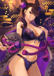 Rule 34 | 1girl, bare shoulders, bra, breasts, brown hair, cleavage, collarbone, commentary request, cone hair bun, egasumi, fate/grand order, fate (series), gradient background, groin, hair between eyes, hair bun, hair ornament, hand up, highres, japanese clothes, kimono, lace, lace-trimmed bra, lace-trimmed panties, lace trim, large breasts, lingerie, long hair, looking at viewer, mashuu (neko no oyashiro), murasaki shikibu (fate), navel, off shoulder, panties, parted lips, purple bra, purple eyes, purple panties, rope, sidelocks, solo, thighs, underwear, very long hair