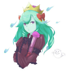 Rule 34 | 1girl, bad id, bad pixiv id, bootler, bow, bow (paper mario), colored skin, commentary request, crown, dress, drill hair, feather fan, folding fan, green hair, green skin, hair between eyes, hair bow, hand fan, hitodama, long hair, looking at viewer, mario (series), new super mario bros. u deluxe, nintendo, paper mario, paper mario 64, purple dress, purple eyes, red bow, super crown, taro (bocemon0807), upper body