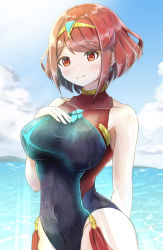 Rule 34 | 1girl, black one-piece swimsuit, breasts, chest jewel, competition swimsuit, earrings, hand on own chest, highres, jewelry, kanuici336, large breasts, one-piece swimsuit, pyra (pro swimmer) (xenoblade), pyra (xenoblade), red eyes, red hair, red one-piece swimsuit, short hair, solo, swept bangs, swimsuit, tiara, two-tone swimsuit, xenoblade chronicles (series), xenoblade chronicles 2