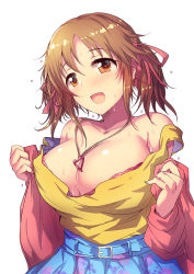 Rule 34 | 1girl, belt, blue skirt, blush, bra, breasts, brown eyes, brown hair, cleavage, commentary request, cowboy shot, heart, heart necklace, idolmaster, idolmaster cinderella girls, jacket, kara (color), large breasts, necklace, open mouth, pink jacket, skirt, smile, solo, sweat, tank top, totoki airi, twintails, underwear, undressing, white background, yellow tank top