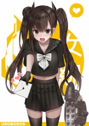 Rule 34 | 1girl, arm behind back, bad id, bad pixiv id, black gloves, black serafuku, black skirt, black thighhighs, blush, bow, bowtie, brown hair, character name, cowboy shot, girls&#039; frontline, giving, gloves, grey eyes, hair bun, hair ornament, heart, heifetz, holding, letter, long hair, looking at viewer, love letter, midriff, navel, open mouth, ouroboros (girls&#039; frontline), outstretched arm, pleated skirt, school uniform, serafuku, short sleeves, single hair bun, skirt, solo, spoken heart, standing, teeth, thighhighs, tsundere, twintails, v-shaped eyebrows, very long hair, white bow, white bowtie, zettai ryouiki