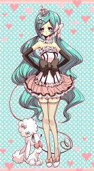 Rule 34 | 1girl, :t, aqua eyes, aqua hair, bad id, bad pixiv id, bare shoulders, bow, crown, dog, elbow gloves, gloves, hair bow, hair ornament, hair ribbon, hairclip, hands on own hips, hatsune miku, leash, long hair, manbou no ane, poodle, ribbon, skirt, solo, thighhighs, twintails, very long hair, vocaloid