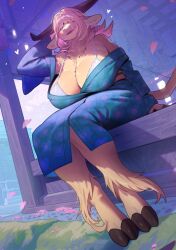 1girl animal_ears animal_feet arm_behind_head bell blue_kimono body_fur bra breasts cherry_blossoms cleavage commission cow_ears cow_girl cow_horns cow_tail falling_petals floral_print furry furry_female grass hair_over_eyes highres hooves horns huge_breasts inuki_(aruurara) japanese_clothes kimono nostrils off_shoulder open_mouth original outdoors petals pink_hair print_kimono shrine sitting skeb_commission solo tail underwear