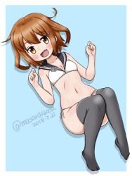 Rule 34 | 1girl, adapted costume, bikini, black sailor collar, black thighhighs, blue background, brown eyes, brown hair, dated, fang, hair ornament, hairclip, ikazuchi (kancolle), kantai collection, looking at viewer, lying, masara (chuujou), open mouth, sailor bikini, sailor collar, short hair, side-tie bikini bottom, skin fang, smile, solo, swimsuit, thighhighs, twitter username, two-tone background, white background, white bikini