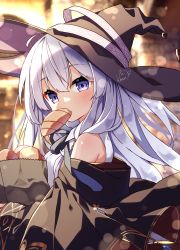 Rule 34 | 1girl, ahoge, bag, bare shoulders, black cloak, black coat, black hat, blurry, blurry background, blush, bread, cloak, coat, collared shirt, commentary request, croissant, depth of field, dot nose, elaina (majo no tabitabi), food, food in mouth, from side, grocery bag, hair between eyes, hat, highres, kotori inaka, long hair, looking at viewer, majo no tabitabi, mouth hold, paper bag, purple eyes, shirt, shopping bag, signature, silver hair, sleeveless, sleeveless shirt, solo, upper body, white shirt, witch hat