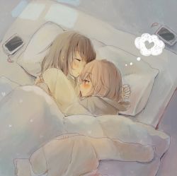 Rule 34 | 2girls, blanket, blush, brown eyes, brown hair, cellphone, closed eyes, clothes on bed, foomi, futon, heart, hug, lying, multiple girls, on side, original, pajamas, phone, pillow, short hair, sleeping, smartphone, spoken heart, sweater, thought bubble, under covers, window shadow, yuri