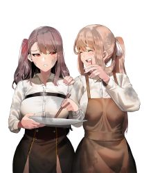 Rule 34 | 2girls, asymmetrical wings, bad id, bad pixiv id, black skirt, blush, braid, breasts, brown hair, closed eyes, collared shirt, commentary request, crying, girls&#039; frontline, hair ribbon, hand on another&#039;s head, highres, ihobus, korean commentary, large breasts, long hair, long sleeves, looking at another, multiple girls, open mouth, pantyhose, parted lips, ponytail, purple hair, red eyes, red ribbon, ribbon, shirt, side ponytail, simple background, skirt, smile, springfield (girls&#039; frontline), sweatdrop, wa2000 (girls&#039; frontline), white background, white ribbon, wings