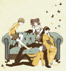 Rule 34 | 1boy, 4girls, amagi yukiko, androgynous, atlus, belt, black hair, boots, brown hair, bug, butterfly, couch, covering own mouth, crotch, dress shirt, earrings, formal, gengendou, glasses, hairband, hand over mouth, hand over own mouth, insect, jacket, japanese clothes, jewelry, kimono, kujikawa rise, lipstick, long hair, makeup, multiple girls, necklace, necktie, persona, persona 4, reverse trap, sandals, satonaka chie, scar, shirogane naoto, shirt, short hair, silver hair, skirt, skull, socks, stitches, striped, sunglasses, tatsumi kanji, twintails, zipper