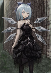 Rule 34 | 1girl, alternate costume, black dress, black pantyhose, blue bow, blue eyes, blue hair, blush, bow, cirno, collarbone, day, dress, gothic lolita, hair between eyes, hair bow, highres, jack masser, layered dress, lolita fashion, medium dress, medium hair, off shoulder, outdoors, pantyhose, parted lips, sleeveless, sleeveless dress, solo, standing, touhou