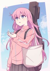 Rule 34 | 1girl, bag, black skirt, blue eyes, blue sky, blush, bocchi the rock!, cloud, day, e20, gotoh hitori, hair between eyes, hand up, highres, instrument case, jacket, long hair, long sleeves, looking away, open mouth, outside border, parted lips, petals, pink hair, pink jacket, pleated skirt, skirt, sky, sleeves past wrists, solo, track jacket, very long hair