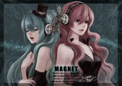 Rule 34 | 2girls, aqua eyes, aqua hair, back-to-back, bad id, bad pixiv id, butterfly hair ornament, butterfly wings, closed eyes, dress, hair ornament, hat, hatsune miku, insect wings, lisa (pixiv299399), long hair, magnet (vocaloid), megurine luka, mini hat, mini top hat, multiple girls, pink hair, realistic, red lady, top hat, twintails, upper body, vocaloid, wings, yuri