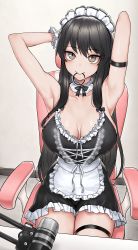 Rule 34 | 1girl, absurdres, apron, armpits, arms behind head, arms up, bare arms, bare shoulders, black dress, black hair, breasts, brown eyes, cain (gunnermul), chair, choker, cleavage, collarbone, dress, frilled apron, frilled choker, frilled dress, frills, gaming chair, hair tie in mouth, highres, lace trim, large breasts, long hair, looking at viewer, maid, maid apron, maid headdress, microphone, mouth hold, non-web source, novel illustration, official art, original, short dress, sidelocks, sitting, sleeveless, sleeveless dress, smile, solo, swivel chair, thigh strap, thighs, very long hair, wrist cuffs