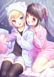 Rule 34 | 2girls, animal ears, animal hood, bad id, bad pixiv id, bed sheet, black hair, black legwear, blonde hair, blue eyes, cardigan, cat ears, cat hood, collarbone, dress, fake animal ears, frilled pillow, frills, game console, hair ribbon, hands on another&#039;s shoulder, highres, holding, hood, hooded cardigan, indoors, long hair, long sleeves, multiple girls, open cardigan, open clothes, open mouth, original, pillow, pink dress, pink eyes, red ribbon, ribbon, shirt, short dress, short hair, short shorts, shorts, sitting, star (symbol), thighhighs, twintails, white cardigan, white shirt, white shorts, yuniki yamaru, zettai ryouiki