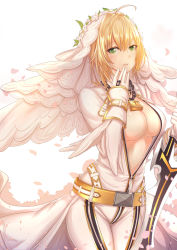 Rule 34 | 10s, 1girl, aestus estus, ahoge, antiqq, belt, belt buckle, blonde hair, bodysuit, breasts, bridal veil, buckle, catsuit, center opening, chain, cleavage, cowboy shot, fate/extra, fate/extra ccc, fate (series), flower, flower wreath, full-length zipper, gloves, green eyes, hair between eyes, hair intakes, hand to own mouth, hand up, highres, holding, holding sword, holding weapon, legs together, lock, long sleeves, looking at viewer, medium breasts, midriff, nero claudius (bride) (fate), nero claudius (fate), nero claudius (fate) (all), padlock, parted lips, petals, sidelocks, simple background, smile, solo, sword, teeth, tight clothes, unzipped, veil, weapon, white background, white bodysuit, white gloves, zipper