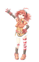 Rule 34 | 1girl, arm up, elbow gloves, gloves, highres, knee pads, open mouth, red eyes, red hair, simple background, single thighhigh, solo, striped clothes, striped thighhighs, thighhighs, wander (artist), wander (cordabyss), white background