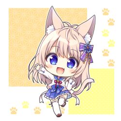 Rule 34 | 1girl, :d, animal ear fluff, animal ears, blue eyes, blue sailor collar, blue skirt, blush, brown footwear, brown hair, cat ears, cat girl, cat tail, chibi, commentary request, fang, frilled skirt, frills, full body, jacket, kinari momiji, long sleeves, looking at viewer, open clothes, open jacket, open mouth, outstretched arm, pleated skirt, ribbon-trimmed legwear, ribbon trim, ryuuka sane, sailor collar, shirt, shoes, skirt, sleeves past wrists, smile, solo, standing, standing on one leg, tail, thighhighs, white jacket, white shirt, white thighhighs, yorite konoha wa kurenai ni