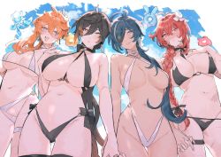 Rule 34 | 4girls, :o, absurdres, ahoge, antenna hair, bikini, black hair, black legwear, black one-piece swimsuit, blue eyes, blue hair, blush, braid, breasts, brown hair, closed mouth, commentary request, diluc (genshin impact), earrings, endora (genshin impact), eyepatch, flower, genderswap, genderswap (mtf), genshin impact, gradient hair, hair between eyes, hair flower, hair ornament, hand on own chest, highres, holding hands, jewelry, kaeya (genshin impact), large breasts, long hair, looking at viewer, looking down, medium breasts, multicolored hair, multiple girls, nose blush, one-piece swimsuit, open mouth, orange hair, red eyes, red hair, scar, scar on arm, scar on leg, scar on stomach, seelie (genshin impact), single braid, single earring, swimsuit, tabibitowayo, take your pick, tartaglia (genshin impact), thigh strap, thighhighs, white one-piece swimsuit, zhongli (genshin impact)
