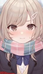 Rule 34 | 1girl, black jacket, blue bow, blue bowtie, blush, bow, bowtie, brown eyes, brown hair, closed mouth, commentary request, hair ornament, hairclip, highres, jacket, looking at viewer, original, scarf, school uniform, shiromikan, shirt, solo, upper body, white shirt