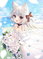 Rule 34 | 1girl, :d, animal ear fluff, animal ears, bell, black bow, black collar, blue flower, blue sky, blurry, blurry foreground, blush, bouquet, bow, breasts, bridal gauntlets, bright pupils, caron (straycat910), cloud, collar, collarbone, day, diamond-shaped pupils, diamond (shape), dress, dress flower, eyelashes, falling petals, floating hair, floral print, flower, grey eyes, grey hair, hair bow, holding, holding bouquet, horizon, jingle bell, long hair, looking at viewer, neck bell, ocean, one side up, open mouth, original, petals, plant, sky, small breasts, smile, solo, sparkle, strapless, strapless dress, sunlight, swept bangs, symbol-shaped pupils, teeth, tongue, upper teeth only, water, wedding dress, white dress, white flower, white hair, white petals, white pupils