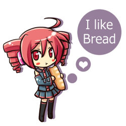 Rule 34 | 1girl, :t, ahoge, bad id, bad pixiv id, baguette, blush stickers, bread, chibi, detached sleeves, drill hair, eating, english text, food, heart, kasane teto, kuromine, kuromine nakatoki, red eyes, red hair, short hair, simple background, skirt, solo, thighhighs, truth, twin drills, twintails, utau