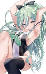 Rule 34 | 1girl, absurdres, armpits, arms up, black hair, black thighhighs, bow, braid, breasts, closed mouth, green eyes, green hair, hair between eyes, hair bow, hair flaps, hair ornament, hairclip, highres, invisible chair, kanae (inorin05kanae), kantai collection, long hair, one-piece swimsuit, ponytail, side braids, simple background, single thighhigh, sitting, small breasts, solo, swimsuit, thighhighs, yamakaze (kancolle), yamakaze kai ni (kancolle)