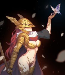 Rule 34 | 1girl, armor, breasts, bug, butterfly, cape, cleavage, closed mouth, covered eyes, elden ring, helmet, highres, holding, holding sword, holding weapon, insect, long hair, malenia blade of miquella, mechanical arms, navel, prosthesis, prosthetic arm, prosthetic leg, red cape, red hair, simple background, single mechanical arm, smile, solo, sword, underwear, very long hair, weapon, winged helmet, yycaihuahua