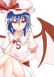 Rule 34 | 1girl, bat wings, blue hair, finger to face, hat, crossed legs, looking at viewer, open mouth, red eyes, remilia scarlet, skirt, skirt set, solo, takorice, touhou, white background, wings, wrist cuffs