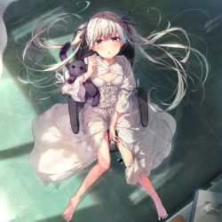 Rule 34 | 1girl, barefoot, brown eyes, chair, dress, highres, holding, holding toy, kasugano sora, long hair, office chair, sitting, solo, stuffed animal, stuffed rabbit, stuffed toy, swivel chair, toy, twintails, very long hair, wingheart, yosuga no sora