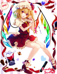 Rule 34 | 1girl, ascot, blonde hair, bow, character name, cookie, cosmetics, daimaou ruaeru, english text, engrish text, flandre scarlet, food, fork, full body, hat, head tilt, highres, knees together feet apart, lips, lipstick, lipstick tube, makeup, mary janes, mob cap, necktie, pie, pie slice, pitcher (container), ranguage, red eyes, shoes, short hair, side ponytail, smile, socks, solo, touhou, white background, wings, yellow necktie