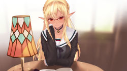 Rule 34 | 1girl, backlighting, bad id, bad pixiv id, black choker, black shirt, blonde hair, blush, book, cait aron, choker, closed mouth, collarbone, commentary request, dark-skinned female, dark skin, elf, frilled sleeves, frills, glasses, gradient background, hand on own cheek, hand on own face, highres, hololive, lamp, long hair, long sleeves, looking at viewer, open book, over-rim eyewear, pointy ears, red-framed eyewear, red eyes, sailor collar, school uniform, semi-rimless eyewear, serafuku, shiranui flare, shiranui flare (street), shirt, sidelocks, sleeves past wrists, smile, solo, table, upper body, very long hair, virtual youtuber, white sailor collar