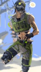 Rule 34 | 1boy, abs, absurdres, apex legends, arm tattoo, black gloves, black headwear, black shirt, c2h4 (1849155751), cable, can, cropped shirt, dust, fingerless gloves, gloves, goggles, green vest, grey shorts, grey vest, highres, holding, holding can, leg up, looking up, male focus, mask, mechanical legs, mouth mask, navel, octane (apex legends), shirt, shorts, sky, solo, speech bubble, spoken sun, sweat, tattoo, vest