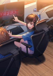 Rule 34 | 1boy, 1girl, anger vein, angry, blue shirt, brown eyes, brown hair, can, chair, computer, d.va (overwatch), desk, drink can, eyelashes, facepaint, facial mark, fingernails, from behind, gaming chair, han shi reina, highres, indoors, internet cafe, keyboard (computer), long fingernails, long hair, monitor, nail polish, office chair, open mouth, overwatch, overwatch 1, pink nails, playing games, pointing, shirt, short hair, short sleeves, shorts, sitting, soda can, sweatdrop, swivel chair, teeth, upper teeth only, video game, whisker markings, white shorts, wooden floor