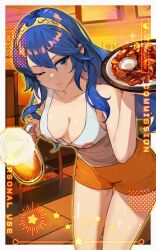 Rule 34 | 1girl, alcohol, beer, beer mug, blue eyes, blue hair, border, breasts, chair, chicken (food), cleavage, cup, fire emblem, fire emblem awakening, foam, food, hairband, highres, holding, holding cup, holding tray, hooters, hsin, leaning forward, lucina (fire emblem), mug, nintendo, orange shorts, parted lips, plate, short shorts, shorts, small breasts, solo, symbol-shaped pupils, tank top, thighs, tiara, tile floor, tiles, tray, white border, white tank top