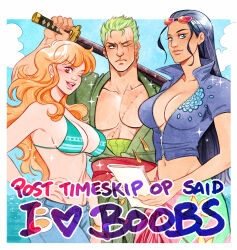 Rule 34 | 1boy, 2girls, absurdres, arm up, bikini, bikini top only, black hair, blue sky, blush, breasts, cleavage, closed mouth, cloud, cloudy sky, cowboy shot, deliciest, denim, earrings, english text, green hair, green shirt, hand on own hip, high collar, highres, holding, holding paper, holding sword, holding weapon, jeans, jewelry, large breasts, long hair, looking at viewer, midriff, multiple girls, nami (one piece), navel, nico robin, one eye closed, one piece, open clothes, open mouth, pants, paper, red hair, red sash, roronoa zoro, sash, scar, scar across eye, scar on chest, shirt, short hair, sky, smile, sparkle, swimsuit, sword, teeth, upper teeth only, weapon, zipper