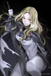 Rule 34 | 1girl, absurdres, arm support, armor, artist name, black background, blonde hair, bodysuit, breasts, cape, claymore (series), closed mouth, collarbone, gloves, grey bodysuit, highres, holding, holding weapon, light smile, lips, long hair, looking at viewer, medium breasts, mooopl, pauldrons, shoulder armor, simple background, sitting, smile, solo, sword, teresa (claymore), wavy hair, weapon, yellow eyes
