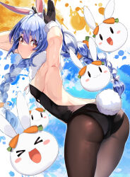 Rule 34 | :3, absurdres, animal ear fluff, animal ears, armpits, ass, backless leotard, black gloves, black leotard, blue hair, blush, blush stickers, bow, braid, breasts, carrot hair ornament, commentary, english commentary, food-themed hair ornament, fur-trimmed collar, fur-trimmed gloves, fur trim, gloves, hair between eyes, hair bow, hair ornament, hazuki yuzuru, highres, hololive, leotard, light blush, long hair, looking at another, looking at viewer, medium breasts, multicolored hair, pantyhose, pekomon (usada pekora), playboy bunny, rabbit-shaped pupils, rabbit ears, rabbit girl, rabbit pose, rabbit tail, red eyes, short eyebrows, sidelocks, solo, strapless, strapless leotard, symbol-shaped pupils, tail, thick eyebrows, thighs, trefoil, twin braids, twintails, two-tone hair, usada pekora, usada pekora (1st costume), virtual youtuber, white background, white bow, white hair