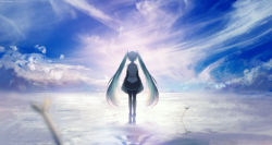 Rule 34 | 1girl, aqua hair, backlighting, cloud, from behind, hatsune miku, horizon, kleinlight, long hair, looking afar, reflection, scenery, sky, solo, spring onion, surreal, twintails, vocaloid