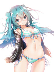 Rule 34 | 1girl, artist name, backlighting, bikini, black jacket, blue eyes, blue hair, blush, breasts, cleavage, collarbone, cowboy shot, floating hair, front-tie bikini top, front-tie top, hair between eyes, hair ornament, hairclip, halkawa501, hatsune miku, highres, jacket, leaning to the side, long hair, long sleeves, looking at viewer, open clothes, open jacket, side-tie bikini bottom, simple background, small breasts, solo, standing, strap gap, string bikini, striped bikini, striped clothes, swimsuit, very long hair, vocaloid, watermark, white background, white bikini
