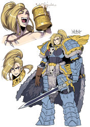 Rule 34 | 1girl, :d, adeptus astartes, animal skull, armor, beer mug, blonde hair, blue eyes, blush, boobplate, braid, breastplate, cape, clenched teeth, closed mouth, cup, fang, fang out, fangs, fur cape, gauntlets, genderswap, genderswap (mtf), greaves, highres, holding, holding cup, holding sword, holding weapon, jewelry, leman russ, long hair, looking at viewer, mug, multiple views, necklace, open mouth, pauldrons, pelt, pelvic curtain, ponytail, ryuusei (mark ii), scar, scar across eye, scar on face, shoulder armor, shoulder spikes, side braids, signature, simple background, smile, space wolves, spikes, sword, tankard, teeth, tooth necklace, warhammer 40k, weapon, white background