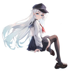 1girl absurdres anchor_symbol black_hat black_sailor_collar black_shoes black_skirt black_thighhighs blue_eyes breasts feet flat_cap hair_between_eyes hat hibiki_(kancolle) highres kantai_collection legs loafers long_hair long_sleeves looking_at_viewer miniskirt neckerchief no_shoes pleated_skirt red_neckerchief sailor_collar school_uniform serafuku shoes single_shoe sitting skirt small_breasts smile soles solo thighhighs toes very_long_hair white_hair xnnagu