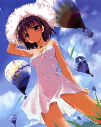 Rule 34 | 1girl, absurdres, aircraft, bare shoulders, blush, day, dress, from below, hat, highres, hot air balloon, komatsu eiji, light rays, looking at viewer, looking down, purple eyes, purple hair, short hair, smile, solo, straw hat, sunbeam, sundress, sunlight