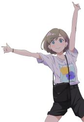 Rule 34 | 1girl, absurdres, bag, closed mouth, fuji(fujimizu 511), green eyes, grey hair, highres, love live!, love live! superstar!!, outstretched arms, shirt, short hair, short shorts, shorts, shoulder bag, simple background, smile, spread arms, tan, tang keke, white background, white shirt