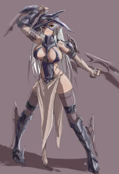 Rule 34 | 1girl, armor, boots, breasts, cleavage, cleavage cutout, clothing cutout, fingerless gloves, frown, gauntlets, gloves, helmet, large breasts, loincloth, nekomamire, silver hair, solo, sword, thighhighs, weapon, yellow eyes